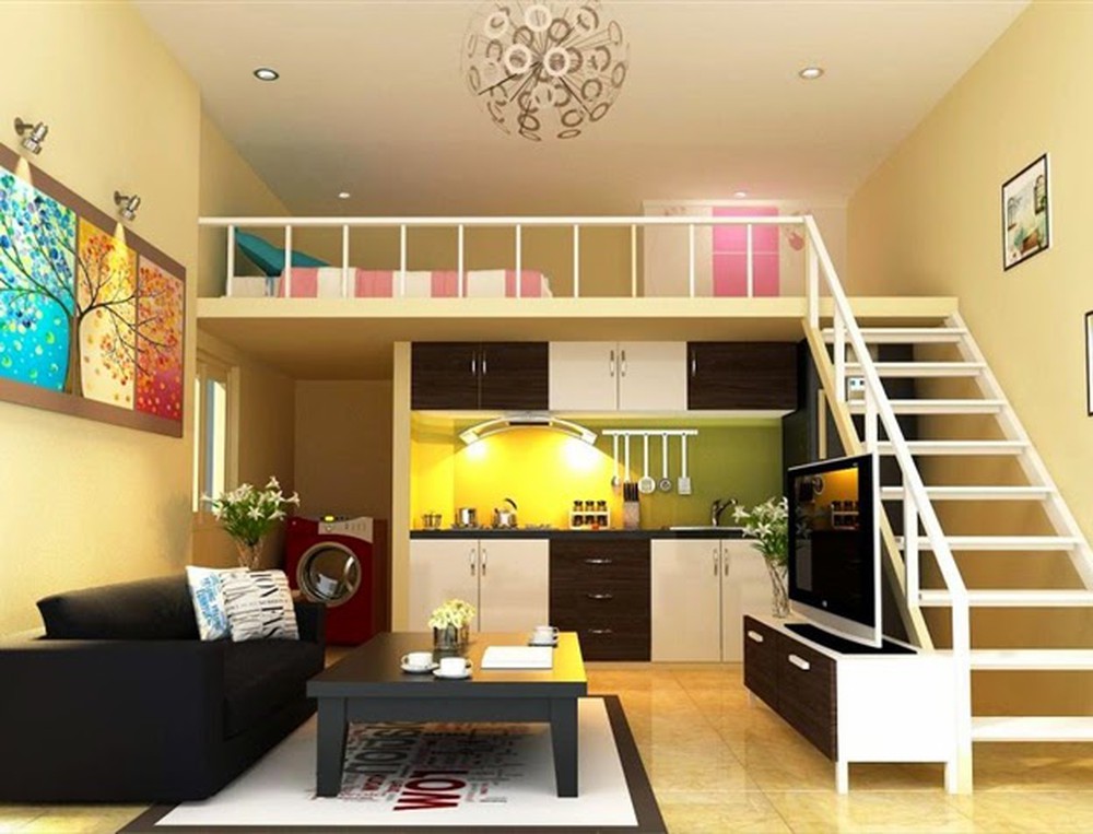 Thiết kế nhà cấp 4 diện tích nhỏ với các phòng ngủ trên gác, phòng khách và bếp