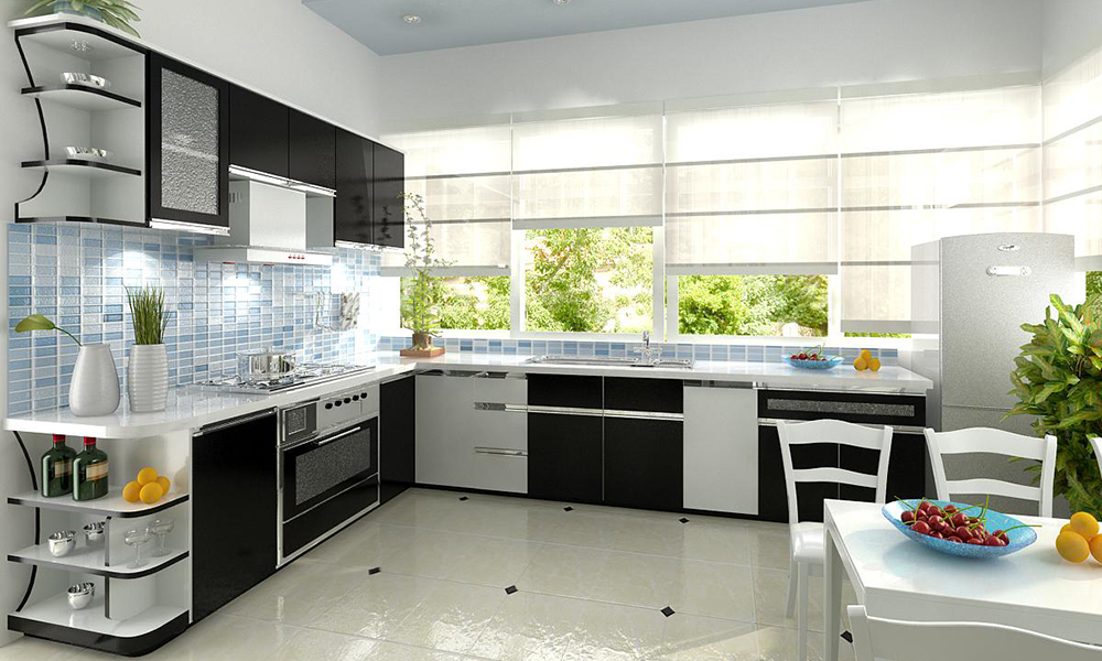 Khu bếp với thiết kế nội thất mở hiện đại, kết nối với không gian bên ngoài