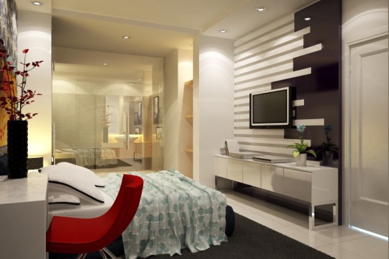 Thiết kế nội thất phòng ngủ hiện đại với bàn trang điểm, tủ chìm và phòng tắm vách kính