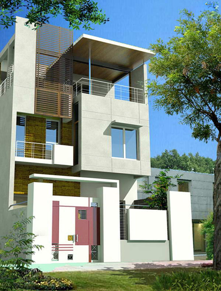 Nhà 2 tầng theo phong cách hình khối tạo đơn giản, lấy sáng bằng cách song cửa